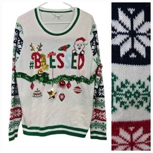 BLESSED Sequin Santa Ugly Christmas Sweater Cute Decorated Holiday Knit Women's